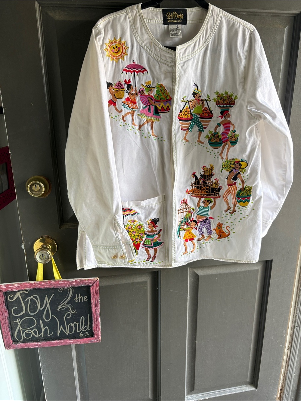 Bob Mackie white Embroidered Festival Jacket with Colorful Figures